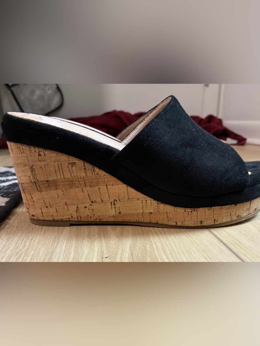 Black Suede Cork Wedge Mule - Women's Slip-On Heel